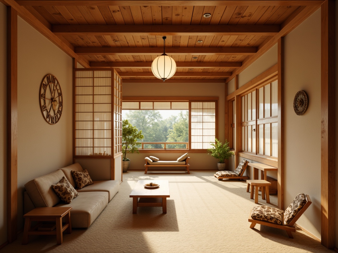 Prompt: Soft warm lighting, paper lanterns, natural fiber shades, subtle color palette, gentle glow, rice paper screens, shoji doors, sliding panels, minimalist decor, low seating, traditional Japanese motifs, intricate wood carvings, bamboo accents, natural textiles, earthy tones, warm beige walls, soft cream floors, subtle shadowing, ambient occlusion, 1/1 composition, realistic textures.