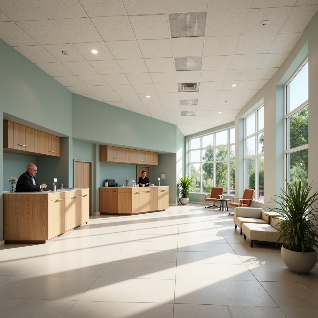 Prompt: Calming medical facility, soothing color scheme, gentle blues, whites, and creams, natural wood accents, comfortable waiting areas, warm beige tones, calming greenery, serene ambiance, indirect soft lighting, minimalist decor, clean lines, hygienic materials, subtle texture variations, realistic renderings, 1/1 composition, shallow depth of field.