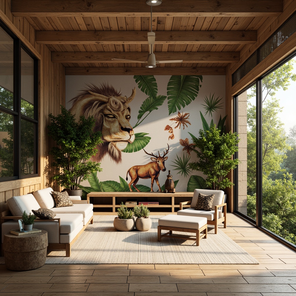 Prompt: Wildlife-inspired wall murals, earthy tones, natural textures, wooden accents, organic patterns, jungle-like foliage, exotic animal prints, rustic stone walls, woven bamboo panels, reclaimed wood planks, distressed finishes, tropical colors, sunny day, soft warm lighting, shallow depth of field, 3/4 composition, panoramic view, realistic textures, ambient occlusion.