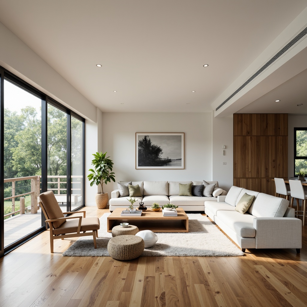 Prompt: Minimalist interior, open-plan living space, natural wood flooring, floor-to-ceiling windows, sliding glass doors, modern furniture pieces, comfortable sofas, sleek coffee tables, abstract artwork, neutral color palette, ample daylight, soft diffused lighting, 1/1 composition, shallow depth of field, realistic textures, ambient occlusion.