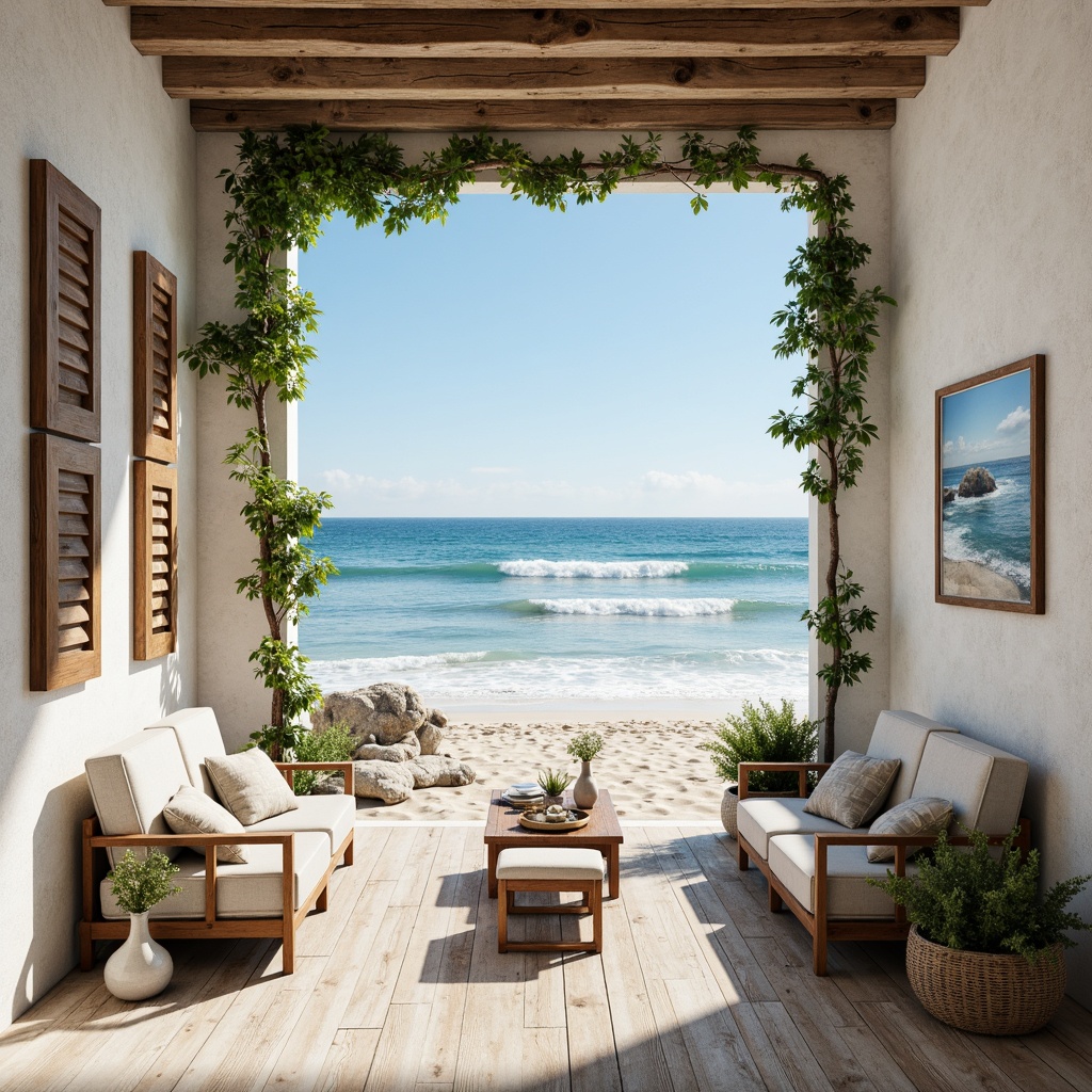 Prompt: Soft sandy beaches, calming ocean waves, clear blue skies, natural driftwood accents, weathered stone walls, whitewashed wooden floors, linen upholstery, sea-foam greenery, coral-inspired patterns, vintage nautical artifacts, distressed metal decor, coastal-themed artwork, warm sunny lighting, 1/1 composition, shallow depth of field, realistic textures, ambient occlusion.