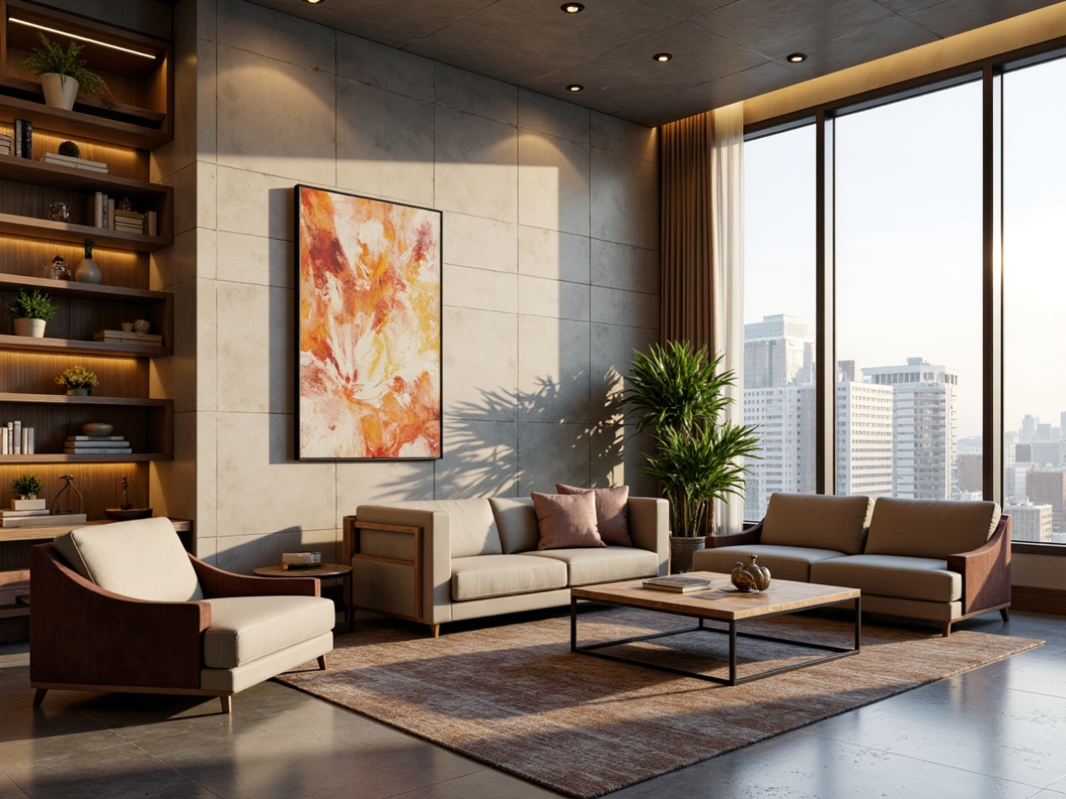 Prompt: Modern living room, sleek furniture, plush velvet sofas, wooden coffee tables, metallic accents, abstract artwork, floor-to-ceiling windows, cityscape views, natural stone walls, warm ambient lighting, soft rugs, comfortable throw pillows, geometric patterns, minimalist decor, industrial chic elements, reclaimed wood shelves, polished concrete floors, cozy reading nooks, greenery plants, warm beige colors, soft pastel hues, 3/4 composition, shallow depth of field, realistic textures, ambient occlusion.