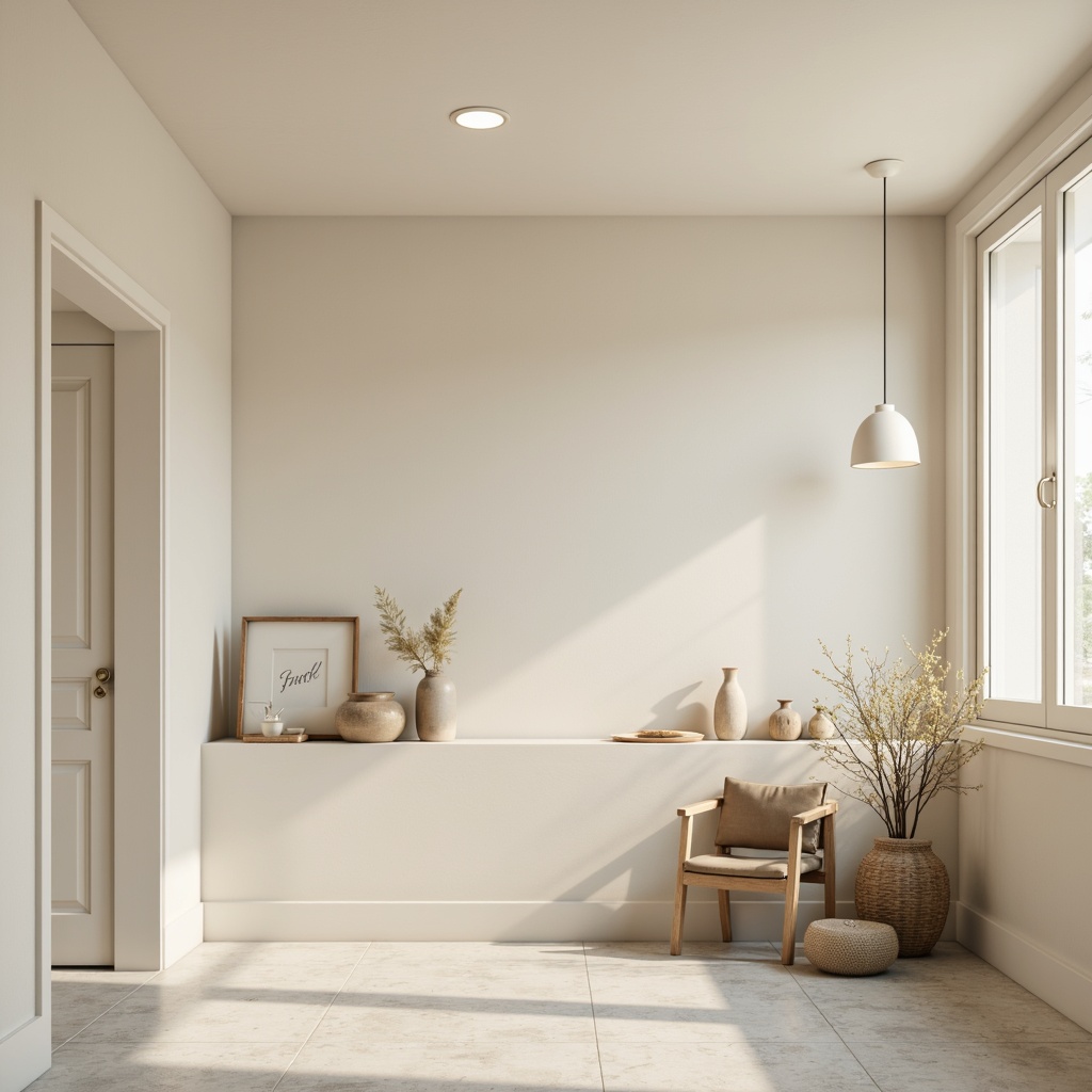 Prompt: Soft beige walls, creamy white trim, pale grey floors, natural wood accents, minimalist decor, calm atmosphere, soft diffused lighting, subtle texture variations, organic shapes, earthy tones, serene ambiance, 1/1 composition, shallow depth of field, realistic renderings, ambient occlusion.