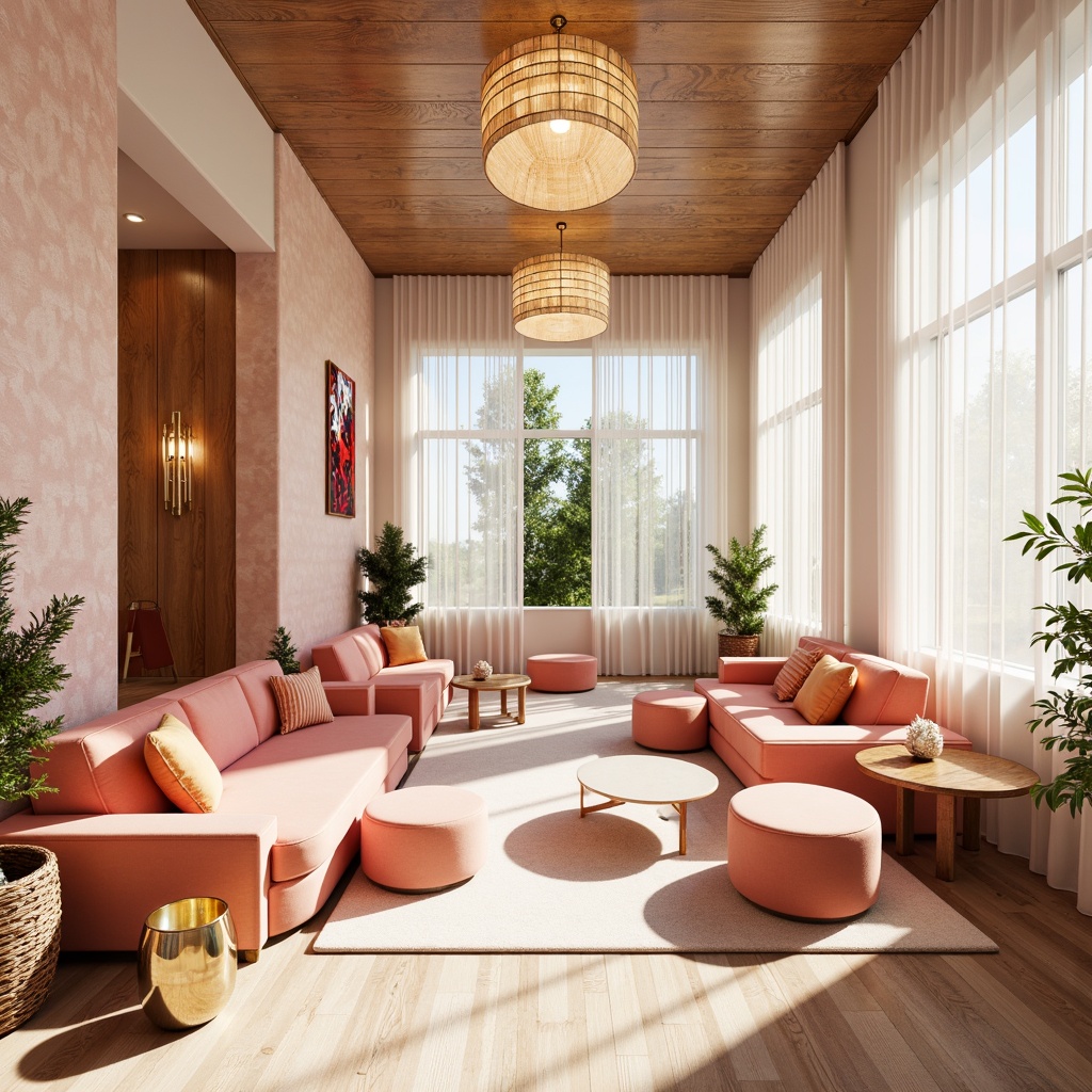 Prompt: Vibrant modern interior, pastel color scheme, soft peach tones, creamy whites, rich wood accents, metallic gold details, plush velvet textures, natural light pouring in, sheer curtains, elegant chandeliers, sophisticated ambiance, 3/4 composition, warm shallow depth of field, realistic renderings.