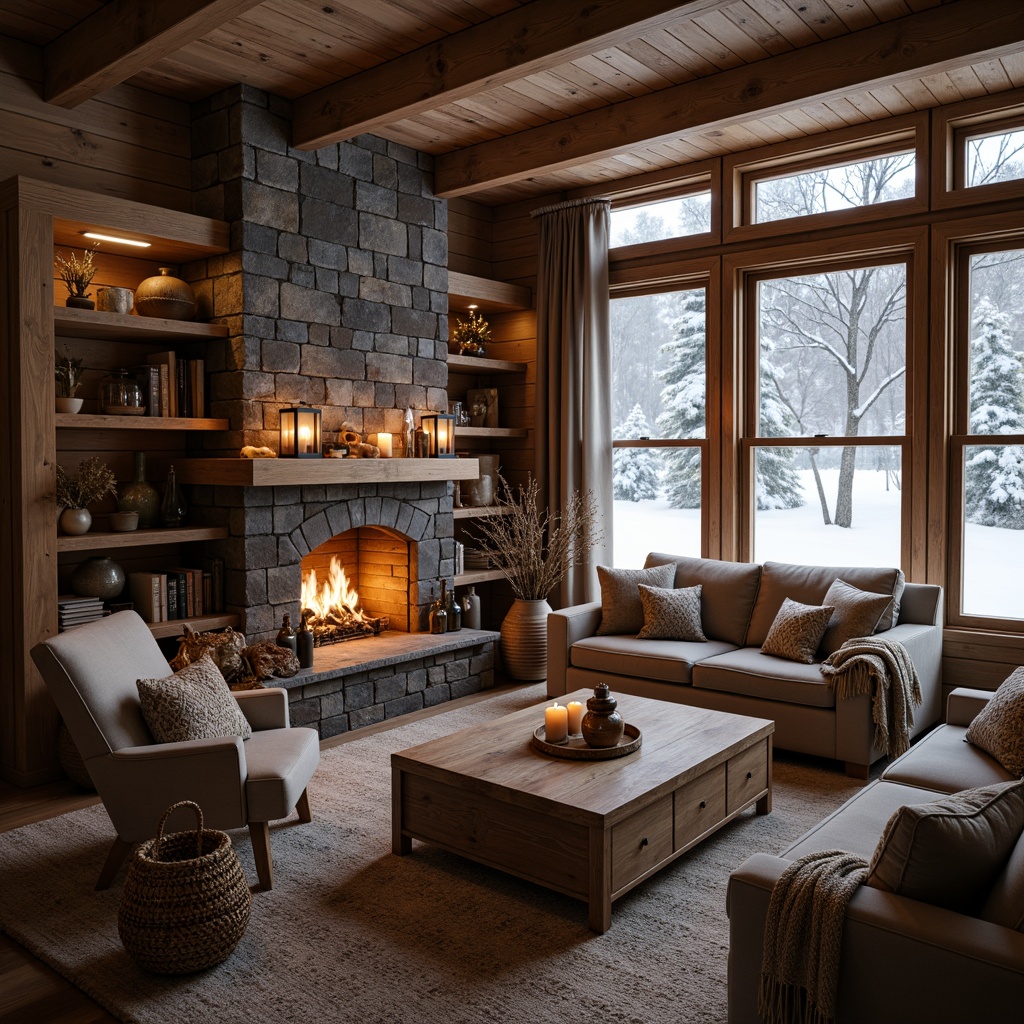 Prompt: Cozy cabin, wooden accents, plush throw blankets, woven baskets, earthy color palette, natural fabrics, soft velvety couches, chunky knit pillows, rustic stone fireplace, warm candlelight, frosted glass windows, snow-covered trees, winter landscape, serene atmosphere, shallow depth of field, 3/4 composition, realistic textures, ambient occlusion.