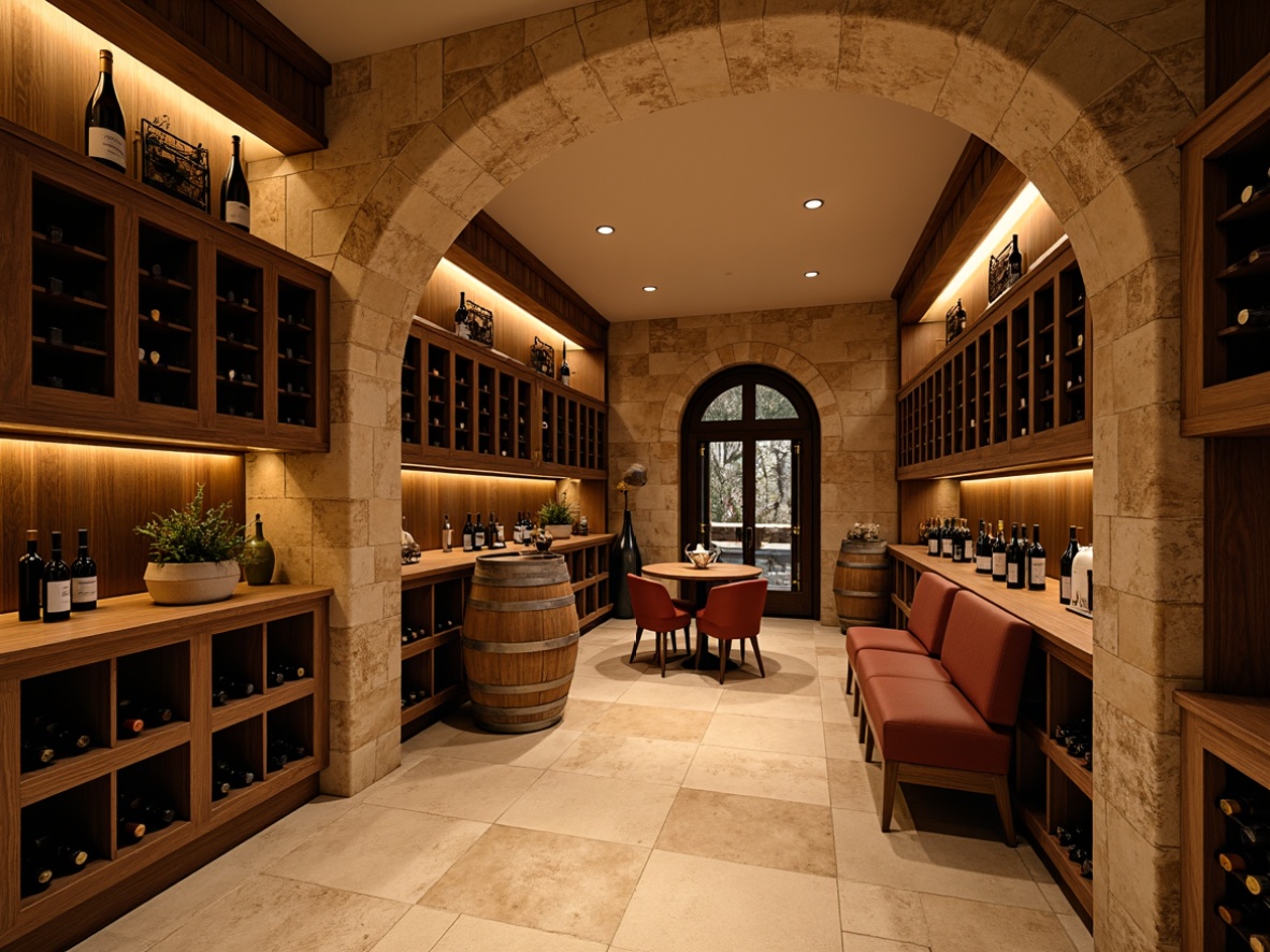 Prompt: Mediterranean-style wine cellar, warm earthy tones, rustic stone walls, wooden wine racks, curved archways, dim soft lighting, ambient shadows, rich wood textures, ornate metalwork, vintage wine barrels, elegant glass doors, climate-controlled environments, humidity regulation systems, precise temperature control, modern LED lighting, minimalist label displays, sophisticated storage solutions, artistic bottle arrangements, warm beige stone floors, cozy seating areas, intimate ambiance.