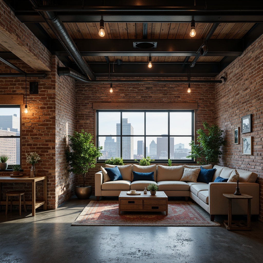 Prompt: Industrial chic loft, exposed brick walls, metal beams, reclaimed wood accents, minimalist decor, urban landscape views, concrete floors, Edison light bulbs, vintage furniture, earthy tone color palette, neutral background, pops of deep blue, warm beige, rich brown, soft gray, natural textiles, distressed finishes, moody atmospheric lighting, dramatic shadows, cinematic composition, shallow depth of field, realistic materials.