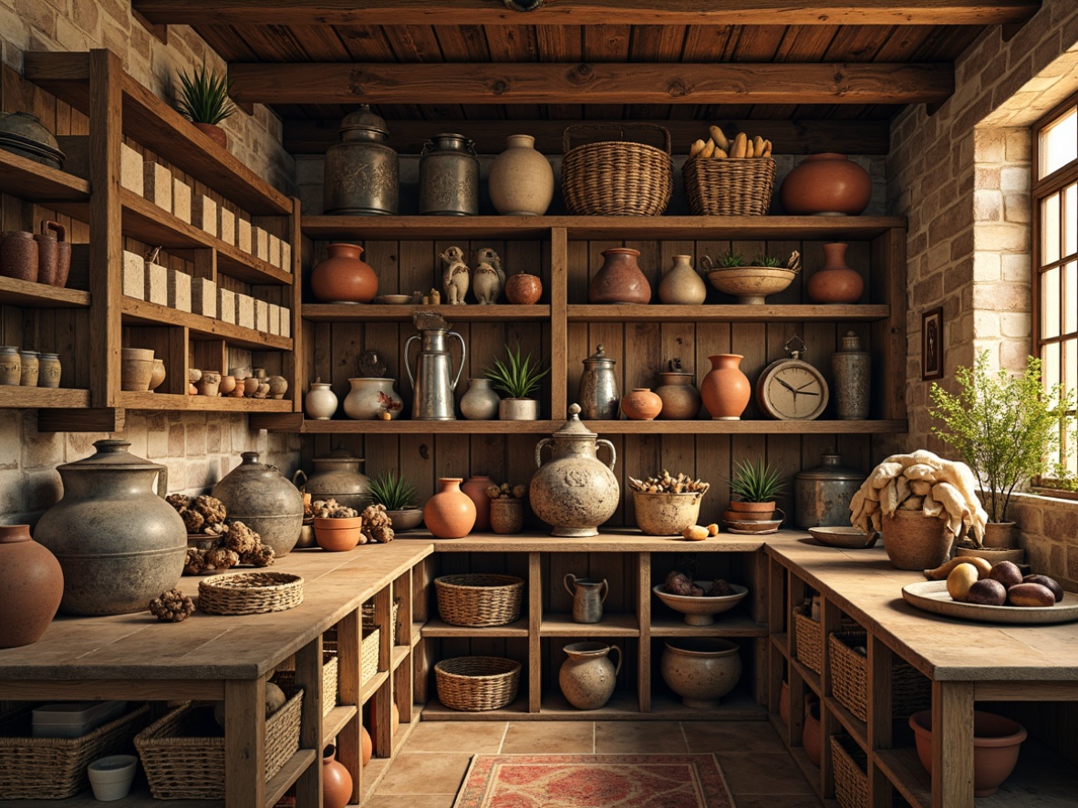 Prompt: Rustic pantry interior, distressed wooden shelves, vintage metal containers, ornate ceramic jars, woven wicker baskets, earthy terracotta pots, rough-hewn stone countertops, worn brick walls, warm golden lighting, soft shadows, shallow depth of field, 2/3 composition, impressionist brushstrokes, heavy textures, vibrant color palette, expressionist strokes, abstracted forms.