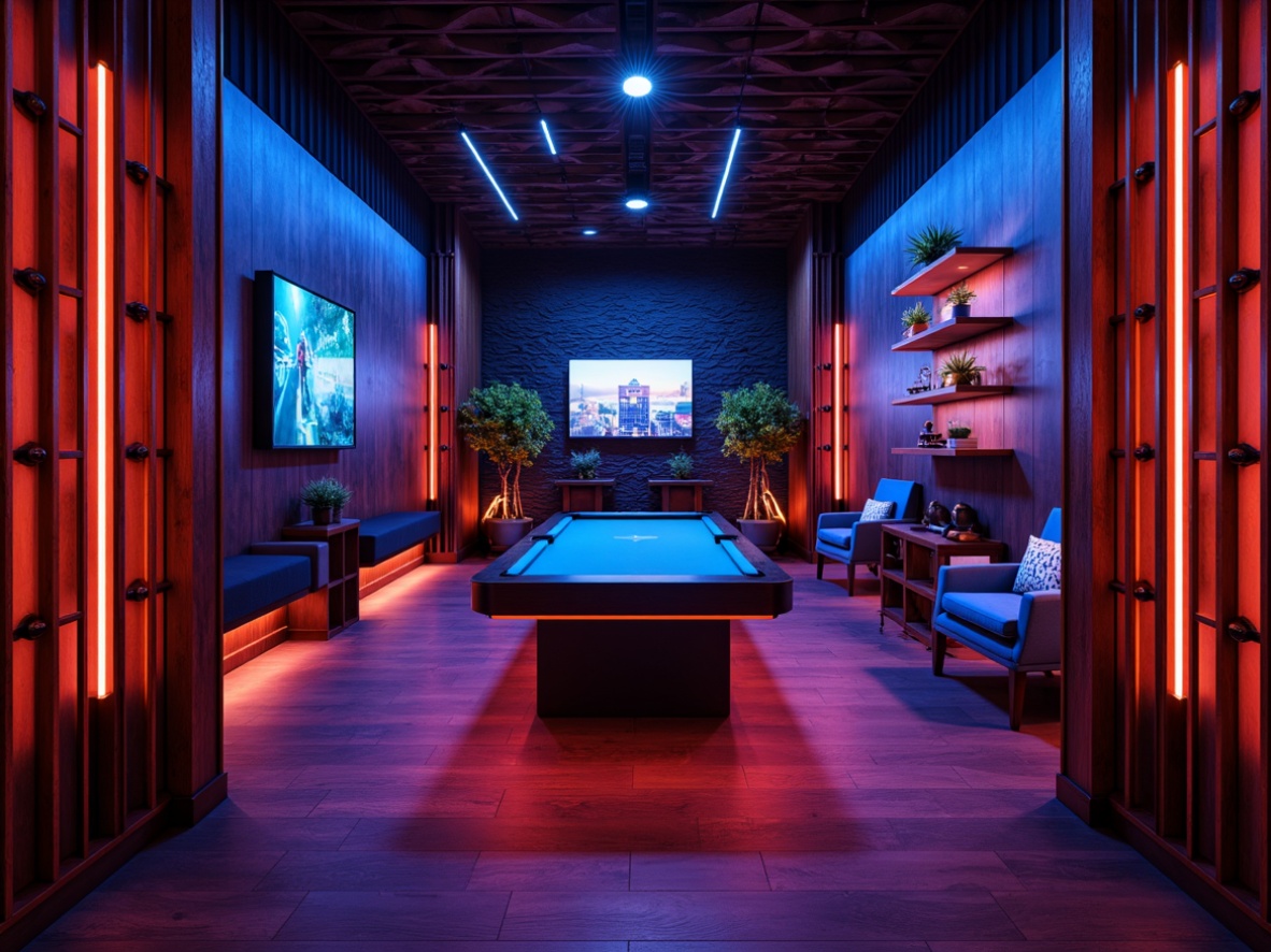 Prompt: Rich game room, dark wood accents, neon lighting, bold color schemes, textured wall panels, 3D geometric patterns, metallic finishes, sleek minimalist shelves, futuristic LED installations, ambient glow, cinematic atmosphere, high-contrast colors, dramatic shadows, wide-angle lens, cinematic composition, realistic rendering, immersive experience.