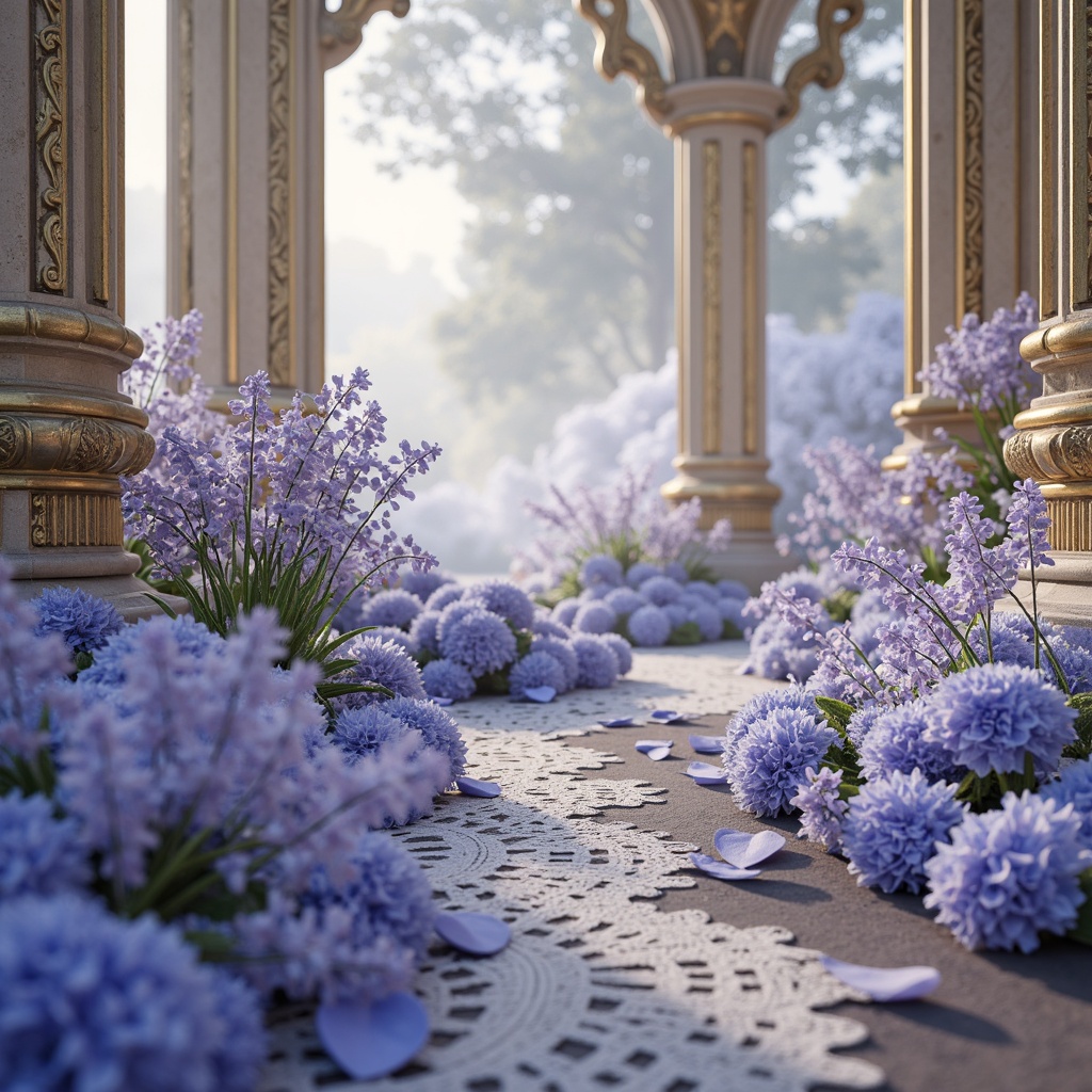 Prompt: Dreamy blue violet hues, whimsical floral patterns, delicate lace details, soft romantic lighting, warm beige backgrounds, creamy white accents, subtle golden metallic hints, luxurious velvet textures, ornate vintage frames, misty morning atmosphere, shallow depth of field, 1/1 composition, realistic renderings, ambient occlusion.