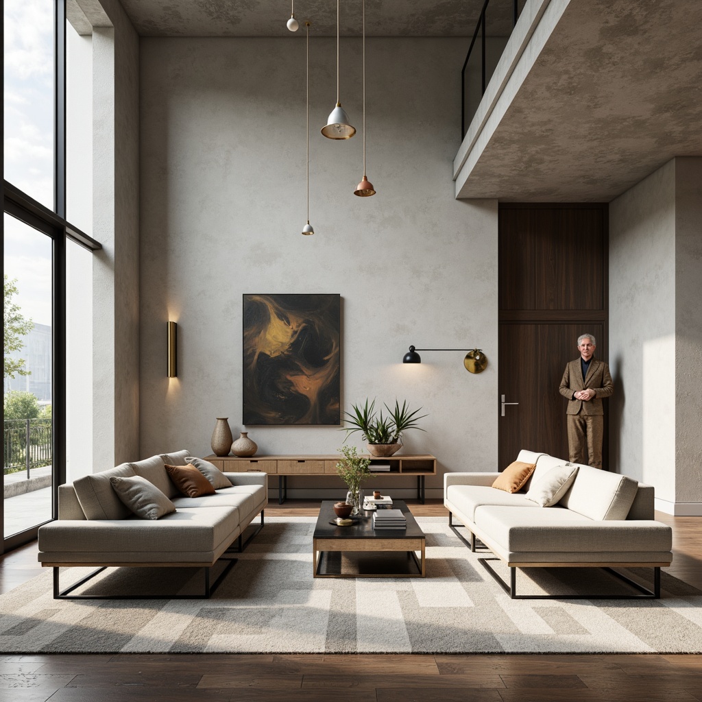 Prompt: Minimalist living room, low-profile sofas, sleek coffee tables, geometric-patterned rugs, industrial-chic lighting fixtures, metal and glass accents, floor-to-ceiling windows, neutral color palette, abstract artwork, modern sculptures, minimalist decor, soft ambient lighting, shallow depth of field, 1/1 composition, realistic textures, subtle reflections.