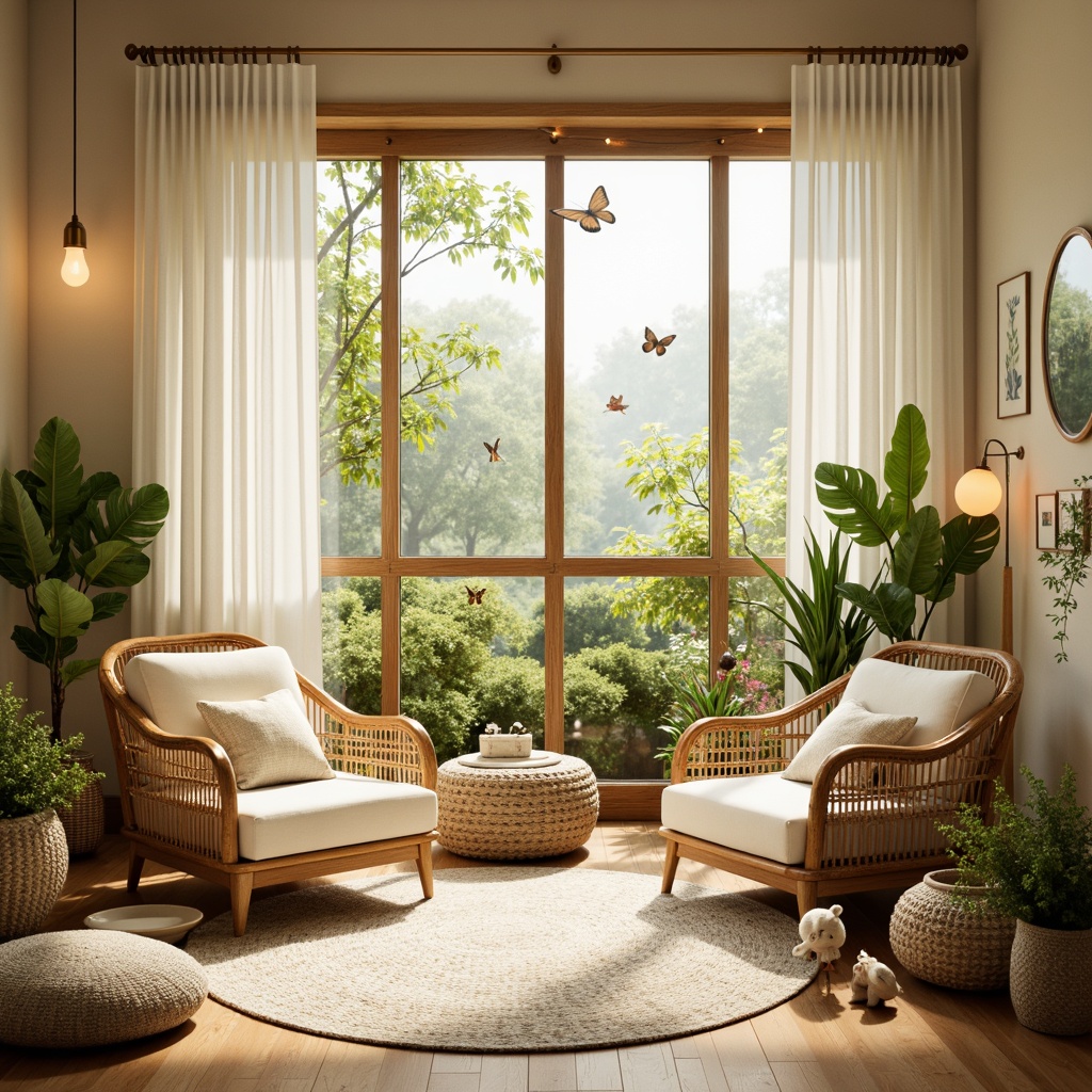 Prompt: Whimsical tropical nursery, soft warm glow, creamy whites, pastel hues, natural wood accents, woven rattan furniture, lush greenery, exotic flowers, delicate butterflies, sunny day, gentle breeze, sheer curtains, warm beige walls, cozy reading nook, plush area rug, table lamps, pendant lights, string fairy lights, 1/2 composition, soft focus, shallow depth of field, vibrant colors, playful textures.