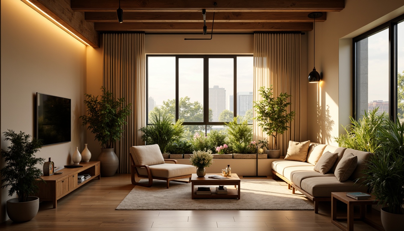 Prompt: Contemporary living room, warm beige walls, sleek wooden flooring, cozy reading nook, floor-to-ceiling windows, natural daylight, soft warm glow, table lamps, pendant lighting, LED strips, ambient illumination, warm color temperature, relaxing atmosphere, comfortable seating area, vibrant greenery, potted plants, urban loft-inspired decor, industrial-style metal fixtures, minimalist design, 1/1 composition, shallow depth of field, realistic textures, soft focus effect.