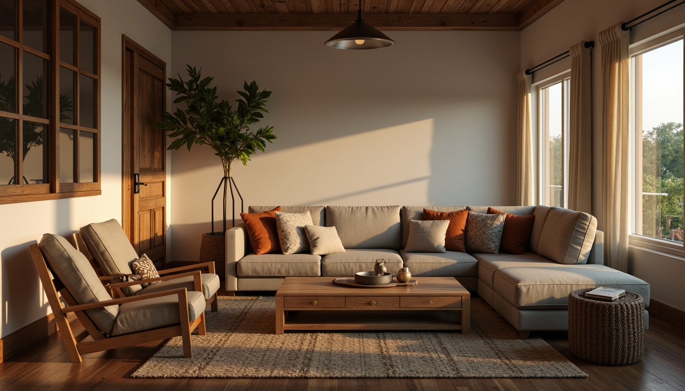 Prompt: Cozy living room, plush sectional sofa, velvety pillows, wooden coffee table, woven rug, floor lamps, soft warm lighting, minimal ornamentation, modern minimalist style, comfortable ergonomic chairs, rustic wood accents, earthy color palette, natural textiles, subtle patterns, calming atmosphere, shallow depth of field, 1/1 composition, realistic textures, ambient occlusion.