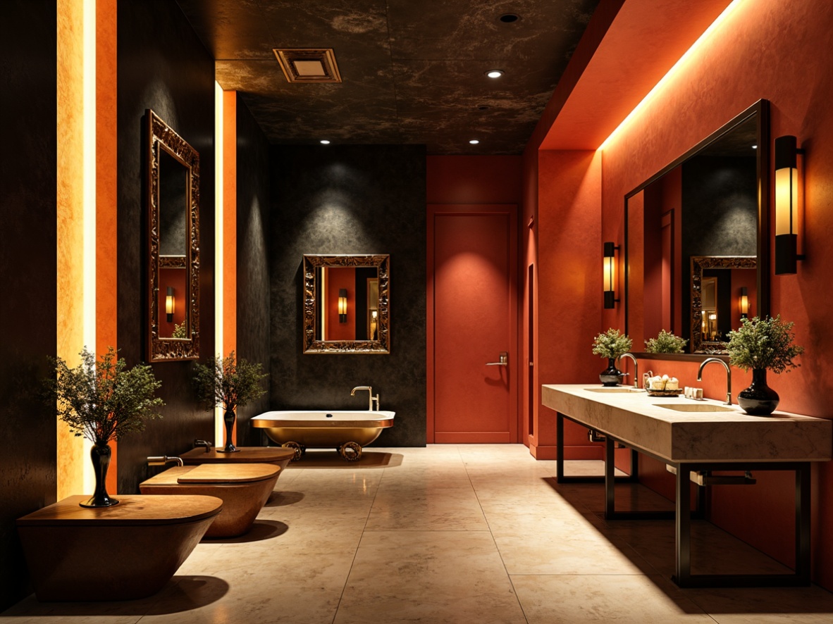 Prompt: Dramatic bathroom, bold color schemes, abstract fixtures, ornate mirrors, decorative sconces, sculptural lighting, futuristic ambiance, luxurious materials, marble countertops, metallic accents, warm golden tones, moody shadows, high contrast ratios, softbox lighting, LED strip lights, pendant lamps, recessed lighting, ambient glow, artistic expressions, dynamic forms, avant-garde vibe.