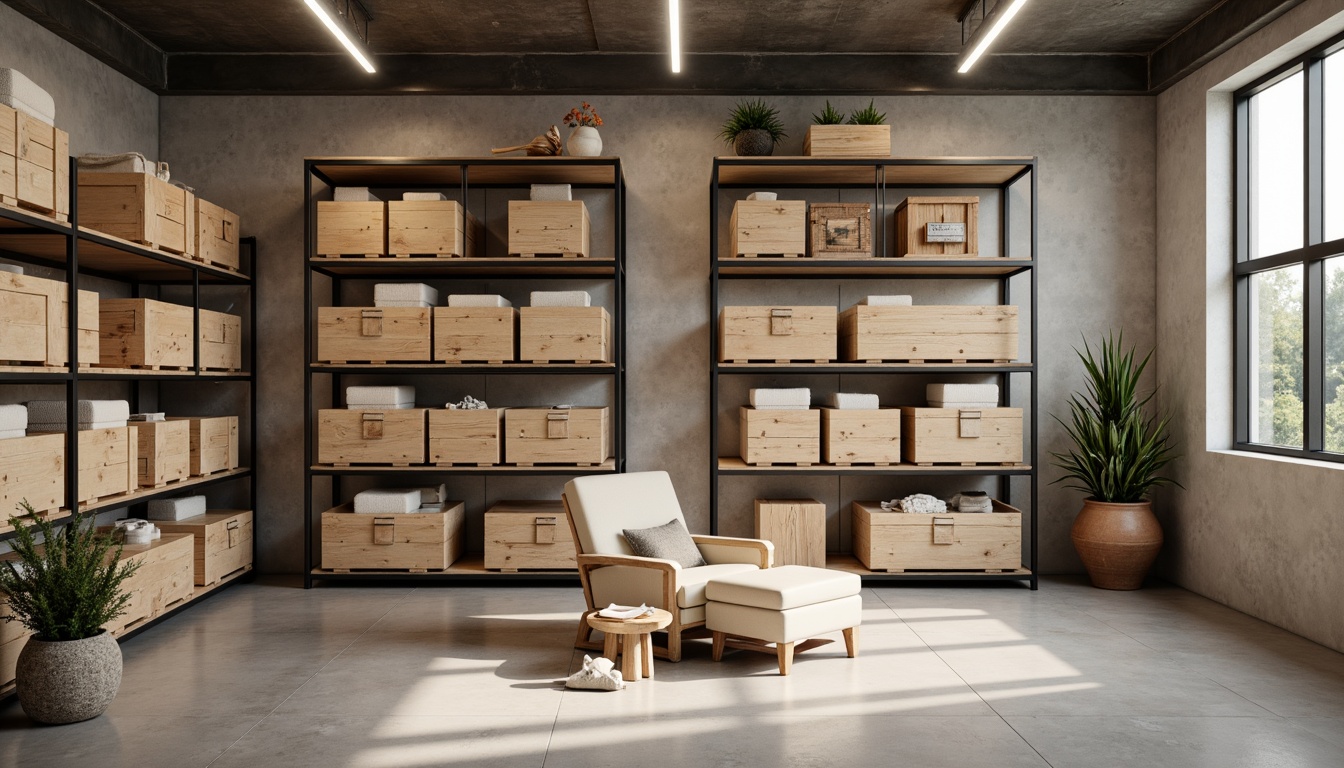 Prompt: Monochromatic storage room, industrial metal shelves, wooden crates, warm beige tones, soft cream accents, rich brown textures, earthy terracotta pots, minimalist decor, modern LED lighting, subtle shadows, shallow depth of field, 1/2 composition, realistic reflections, ambient occlusion.