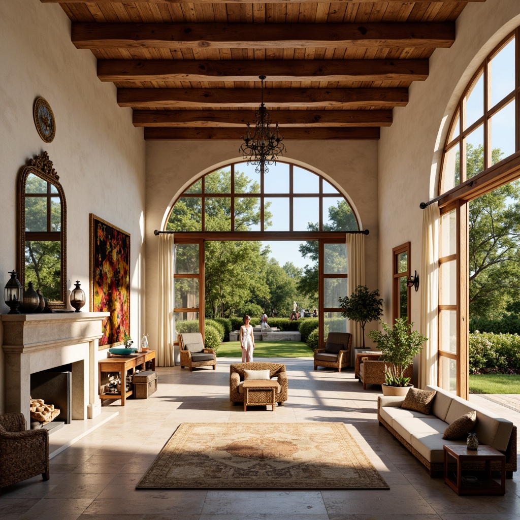 Prompt: Spacious great room, Mediterranean style, high ceilings, large windows, natural stone floors, rustic wooden beams, warm earthy tones, cozy seating areas, plush furnishings, vibrant tapestries, ornate mirrors, elegant chandeliers, open floor plan, flowing spaces, abundant natural light, soft warm ambiance, 1/1 composition, realistic textures, ambient occlusion, sunny day, blooming flowers, lush greenery, serene outdoor views.