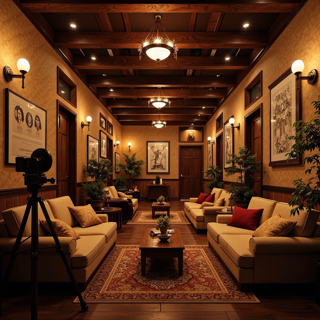 Prompt: Warm cinema craftsman interior, rich wood accents, exposed brick walls, comfortable plush seating, vintage film cameras, antique lighting fixtures, bronze sconces, industrial metal shades, rustic wooden beams, soft warm glow, cozy ambiance, cinematic props, nostalgic decorations, warm beige tones, classic Hollywood regency style, ornate details, luxurious fabrics, sophisticated color palette, dramatic high ceilings, elegant chandeliers, subtle dimmable lighting, atmospheric mood lighting, 1/2 composition, shallow depth of field, realistic textures.