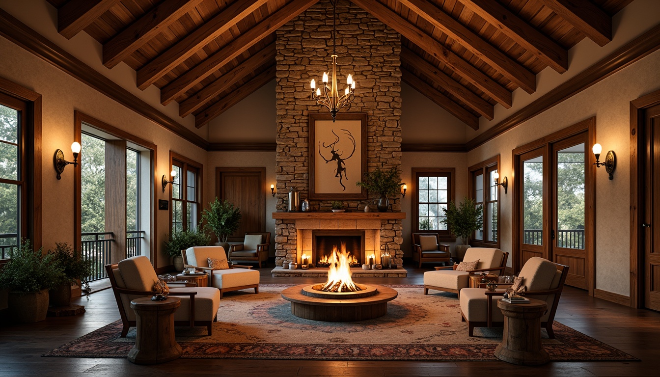 Prompt: Rustic hotel lobby, wooden beams, stone walls, warm fireplaces, cozy seating areas, vintage lanterns, metal chandeliers, candles, dimmable lighting, soft warm glow, natural materials, earthy tones, wooden furniture, woven textiles, nature-inspired decor, mountain lodge ambiance, warm color palette, intimate atmosphere, soft shadows, 1/2 composition, warm backlighting, realistic textures.