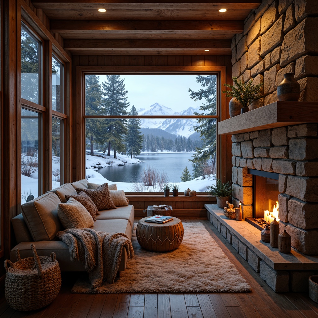 Prompt: Cozy cabin, snow-capped mountains, frozen lake, evergreen trees, wooden accents, plush throw blankets, warm candlelight, soft faux fur rugs, woven baskets, natural stone fireplace, earthy color palette, tactile fabrics, chunky knitted textiles, cable-knit sweaters, Sherpa-lined jackets, thermal insulation, warm beanie hats, frosty windows, snowflake patterns, rustic wooden beams, comforting atmosphere, warm golden lighting, shallow depth of field, 1/1 composition, realistic materials, ambient occlusion.