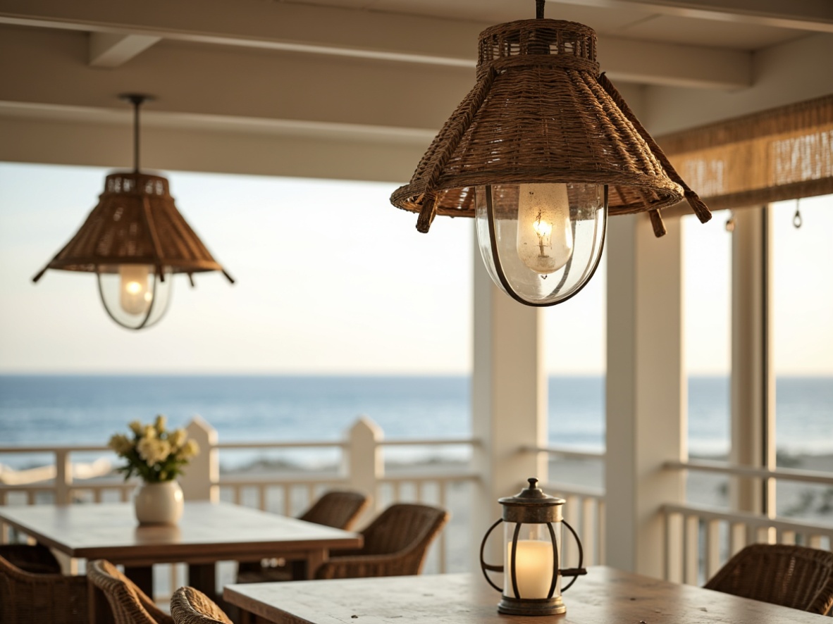 Prompt: Driftwood-finished pendant lights, nautical rope details, glass lanterns, distressed metal shades, ocean-inspired chandeliers, sea-salt-crusted sconces, woven rattan fixtures, natural linen shades, beachy vibe, coastal cottage feel, soft warm glow, sunny day ambiance, gentle ocean breeze, 3/4 composition, shallow depth of field, panoramic view, realistic textures, ambient occlusion.