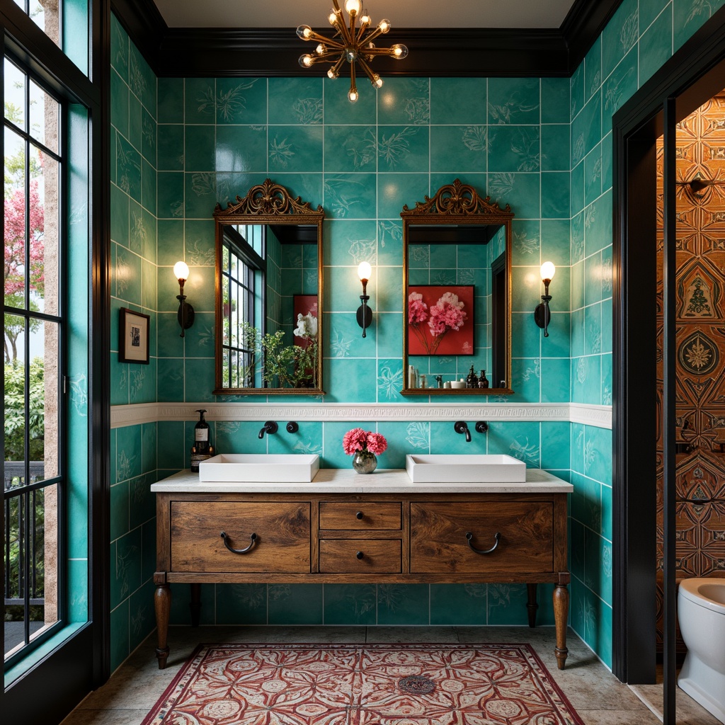 Prompt: Vibrant turquoise bathroom, bold geometric tiles, eclectic mix of patterns, statement lighting fixtures, ornate mirrors, distressed wood cabinetry, matte black faucets, pops of bright coral, abstract artwork, textured glass shower doors, natural stone flooring, industrial metal accents, moody atmospheric colors, warm golden lighting, 1/2 composition, shallow depth of field, realistic textures, ambient occlusion.