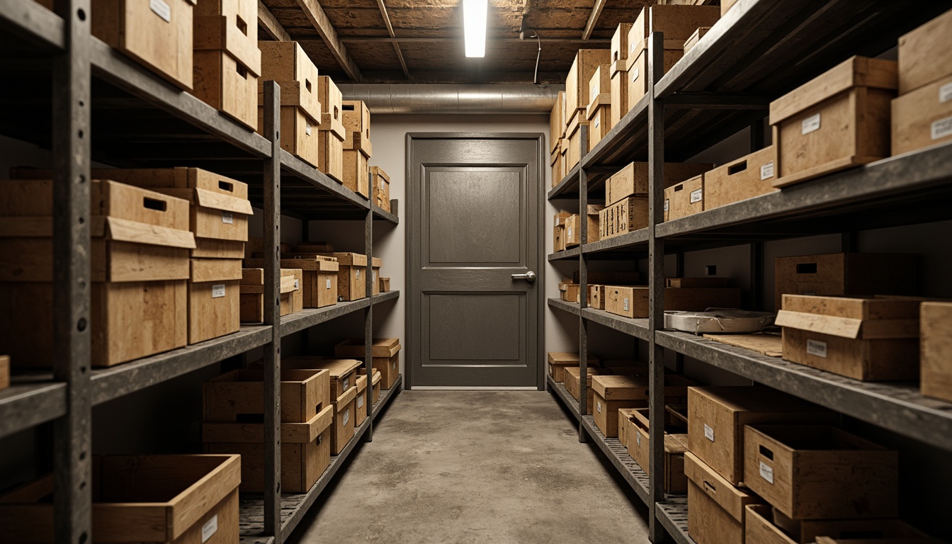 Prompt: Cozy storage room, industrial metal shelving, rustic wooden crates, earthy brown tones, soft beige accents, muted gray backgrounds, warm golden lighting, subtle texture overlays, realistic metallic reflections, shallow depth of field, 1/1 composition, intimate close-up shots, atmospheric misting effects.