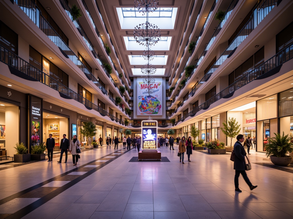 Prompt: Vibrant shopping mall, grand atrium, high ceilings, gleaming marble floors, elegant chandeliers, warm ambient lighting, soft glow LED lights, colorful neon signs, modern minimalist fixtures, sleek metal railings, spacious corridors, bustling crowds, afternoon sunlight, dramatic spotlights, layered ceiling designs, intricate texture details, subtle color gradients, 1/2 composition, shallow depth of field, realistic reflections.