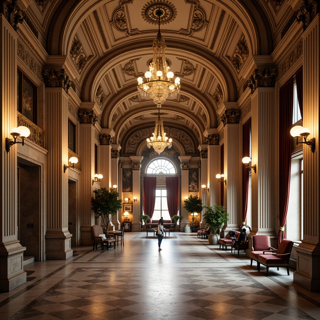 Prompt: Grand hall, ornate columns, Corinthian capitals, fluted shafts, marble flooring, intricate moldings, high ceilings, crystal chandeliers, luxurious furnishings, velvet drapes, gilded frames, soft warm lighting, shallow depth of field, 3/4 composition, panoramic view, realistic textures, ambient occlusion.Let me know if this meets your requirements!