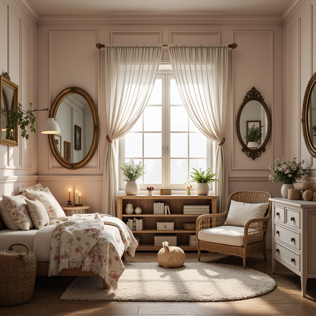 Prompt: Whimsical kids' room, soft pastel colors, distressed wood accents, vintage floral patterns, lace curtains, ruffled fabrics, ornate mirrors, antique furniture, rustic wooden shelves, woven baskets, natural fiber rugs, warm candlelight, gentle shadows, shallow depth of field, 1/2 composition, realistic textures, ambient occlusion.