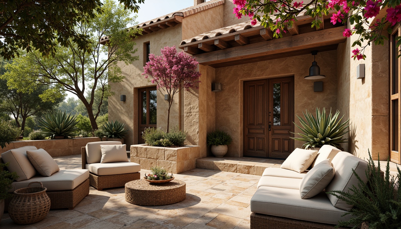 Prompt: Warm Mediterranean villa, rustic stone walls, terracotta roof tiles, lush greenery, olive trees, bougainvillea flowers, weathered wooden doors, ornate metalwork, distressed finishes, earthy color palette, natural textures, rough-hewn stone floors, woven wicker furniture, plush throw pillows, soft warm lighting, shallow depth of field, 1/1 composition, realistic renderings, ambient occlusion.