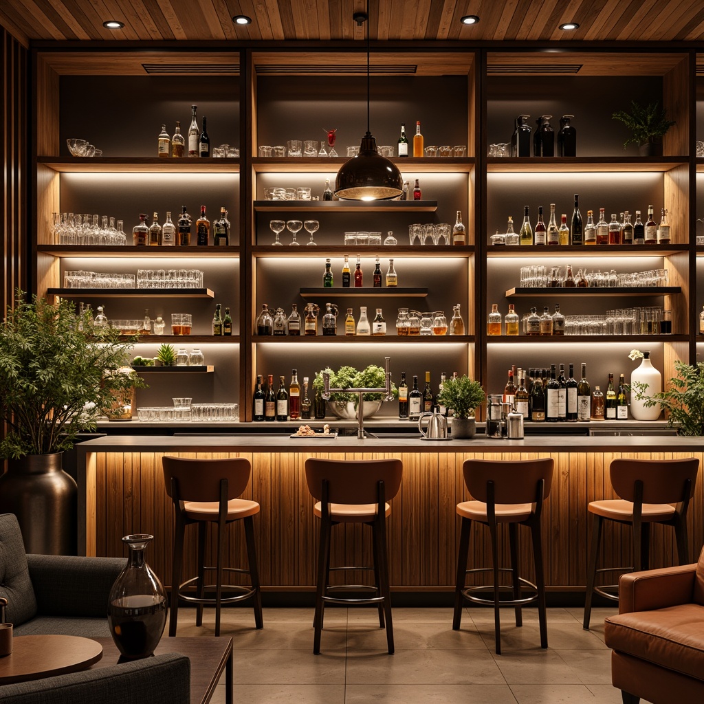 Prompt: Modern home bar, sleek metal countertops, rich wood accents, ambient LED lighting, futuristic tap systems, minimalist shelving units, geometric glassware displays, luxurious leather stools, metallic floor lamps, warm earthy tones, cozy intimate atmosphere, 1/2 composition, soft focus blur, realistic reflections.