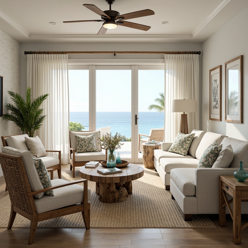 Prompt: Coastal living room, driftwood furniture, white linen upholstery, natural fiber rugs, woven wicker chairs, reclaimed wood coffee tables, sea-inspired decorative accents, ocean-blue glass vases, coral-patterned throw pillows, sheer curtains, sliding glass doors, beachy vibe, warm sunny day, soft diffused lighting, shallow depth of field, 1/1 composition, realistic textures, ambient occlusion.