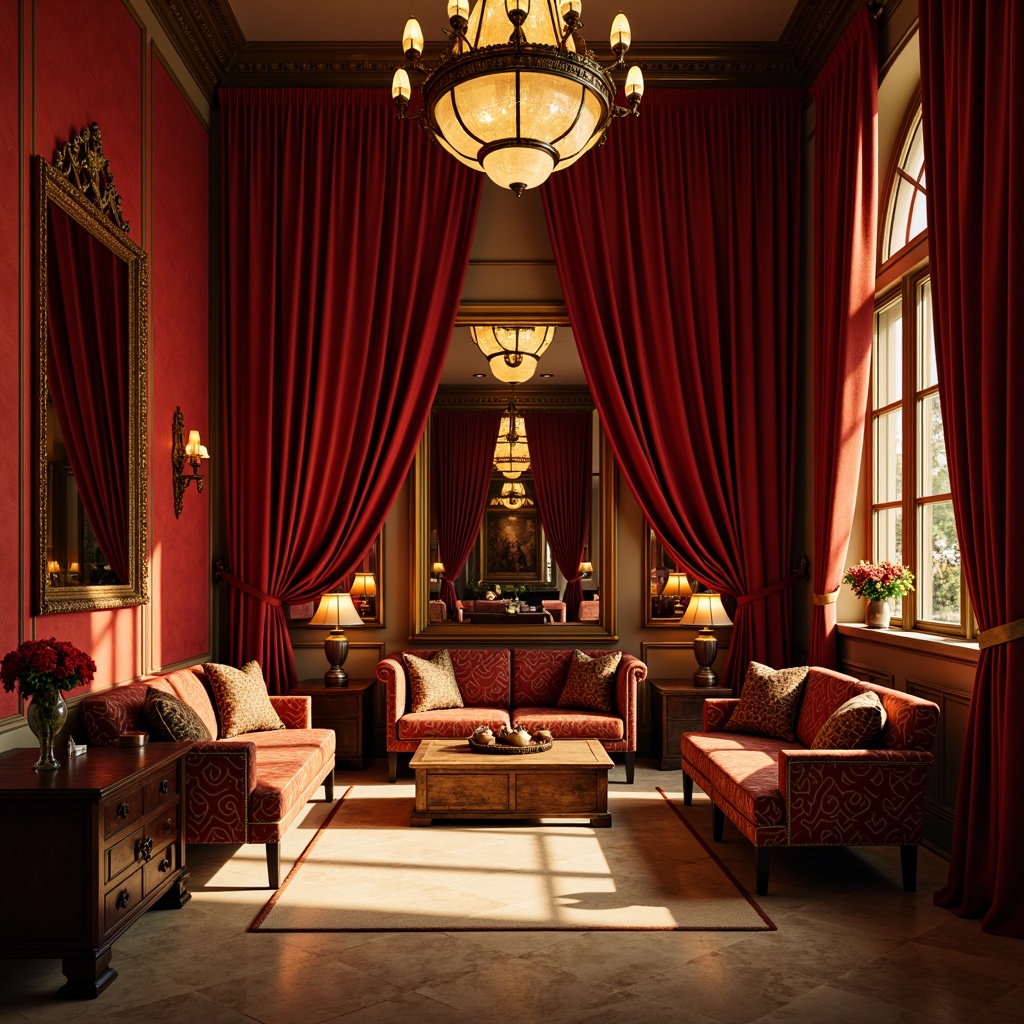 Prompt: Rich velvet drapes, warm golden lighting, ornate mirrors, lavish furnishings, bold red walls, luxurious fabrics, intricate patterns, gilded frames, rustic wooden accents, antique decorative pieces, opulent chandeliers, soft cream-colored marble, dramatic archways, mysterious atmosphere, cinematic composition, low-key lighting, shallow depth of field.