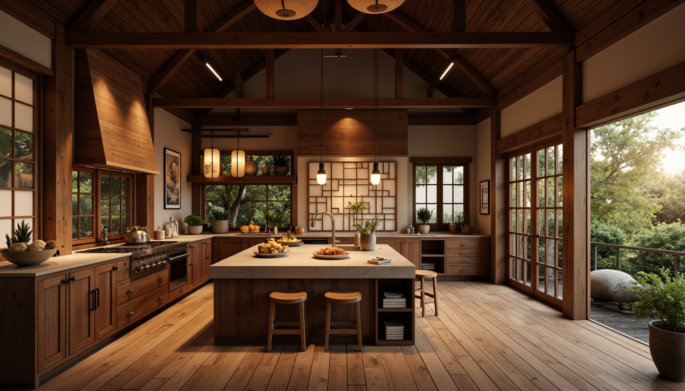 Prompt: Warm Asian-style kitchen, rich wood tones, ornate cabinetry, subtle ambient lighting, pendant lamps, paper lanterns, soft warm glow, natural materials, earthy color palette, stone countertops, wooden flooring, traditional Japanese shoji screens, sliding glass doors, minimalist decor, calm atmosphere, shallow depth of field, 1/1 composition, realistic textures, ambient occlusion.