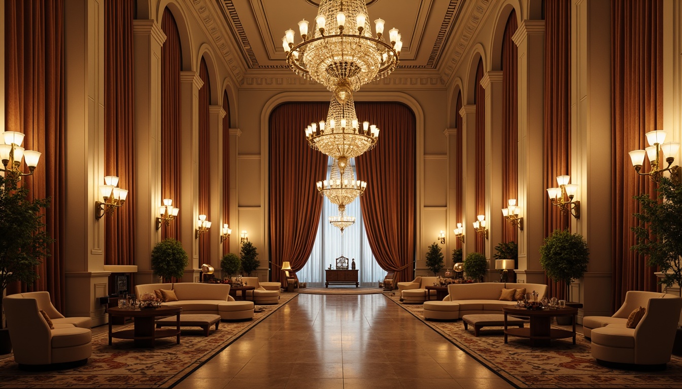 Prompt: Ornate chandeliers, crystal droplets, golden accents, intricate metalwork, lavish pendant lights, velvet drapes, rich wood tones, antique furniture, opulent fabrics, heavy curtains, majestic staircases, grand ballrooms, soft warm glow, warm beige colors, subtle shadows, 1/1 composition, shallow depth of field, realistic reflections.