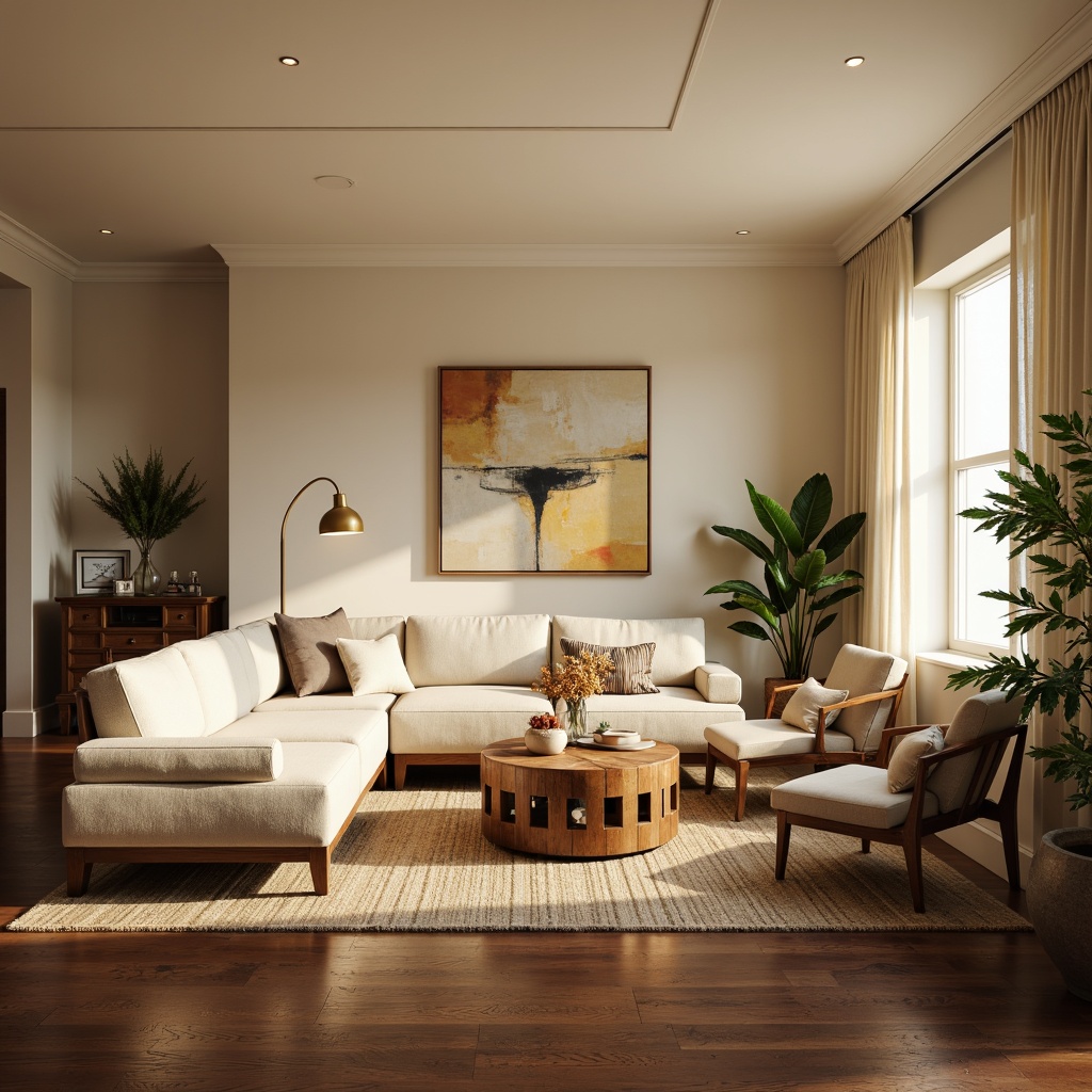 Prompt: Cozy living room, plush sectional sofa, reclaimed wood coffee table, velvet accent chairs, Moroccan-inspired ottoman, soft golden lighting, warm beige walls, rich brown hardwood floors, natural fiber rugs, elegant floor lamps, minimalist decor, modern abstract artwork, lush green plants, comfortable throw pillows, soft pastel colors, calming atmosphere, shallow depth of field, 1/1 composition, realistic textures.