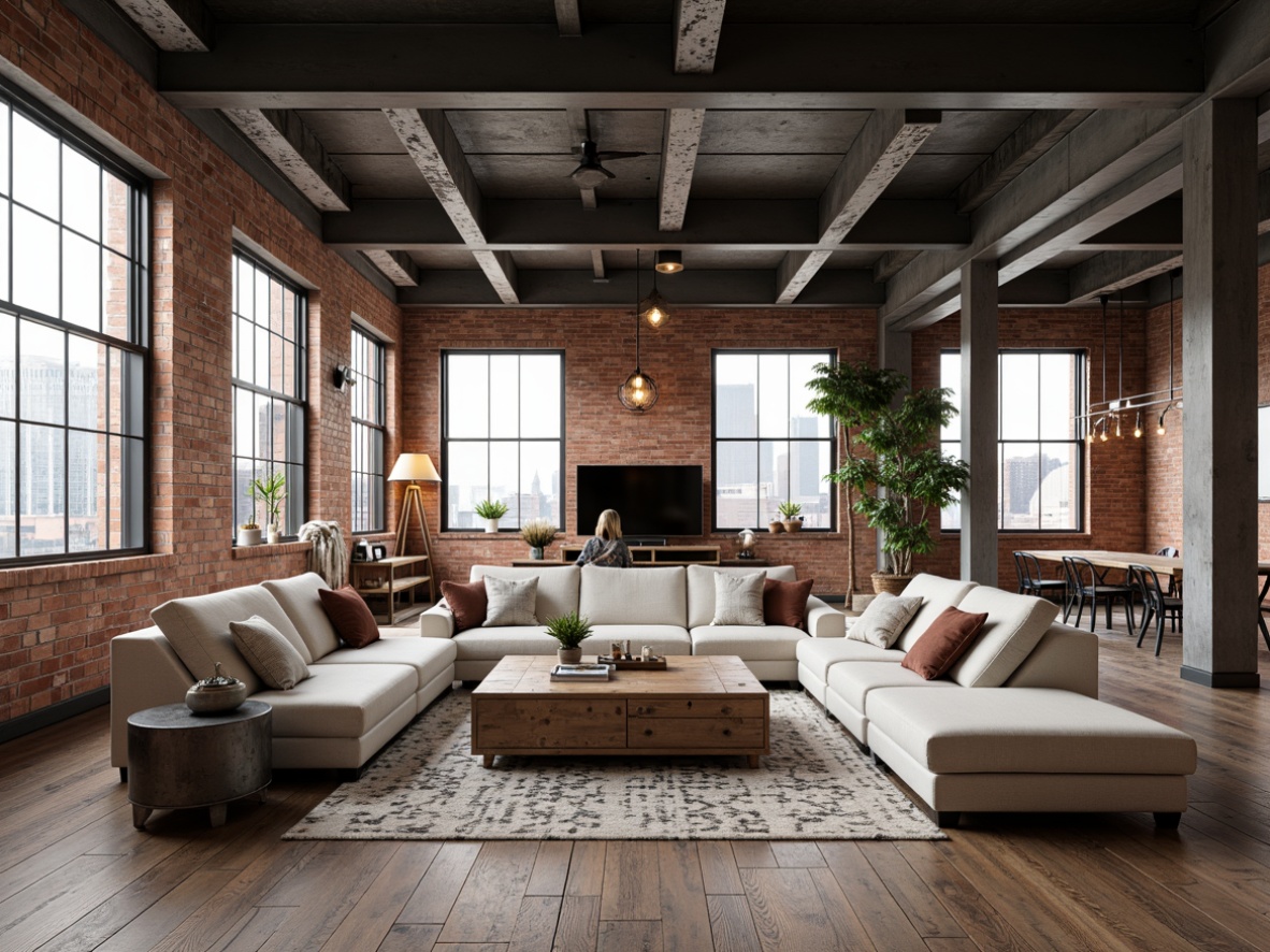 Prompt: Industrial chic loft interior, exposed brick walls, metal beams, reclaimed wood floors, minimalist decor, modern sectional sofas, low-profile coffee tables, industrial-style lighting fixtures, Edison bulbs, distressed leather armchairs, vintage decorative accents, urban cityscape views, large windows, natural light pouring in, warm neutral color palette, textured throw blankets, oversized floor lamps, geometric-patterned rugs, abstract artwork, metallic side tables, functional storage ottomans.