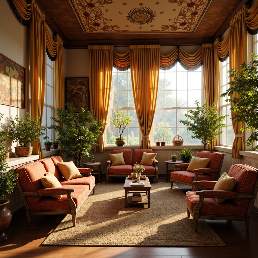 Prompt: Warm sunroom ambiance, classic ornate furniture, rich velvet fabrics, golden tapestries, soft linen drapes, natural woven wicker, distressed wood accents, ornamental metalwork, subtle florals patterns, earthy terracotta tones, warm beige colors, ambient sunlight, gentle shadows, 1/2 composition, shallow depth of field, realistic textures, soft focus blur.