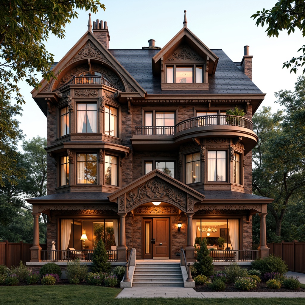 Prompt: Ornate Victorian mansion, intricately carved wooden facades, steeply pitched roofs, dormer windows, turrets, bay windows, stained glass, ornate metalwork, grand entranceways, sweeping staircases, decorative plaster ceilings, floral patterns, richly textured brick walls, arched doorways, columned porches, vibrant colorful accents, warm golden lighting, shallow depth of field, 3/4 composition, realistic textures, ambient occlusion.