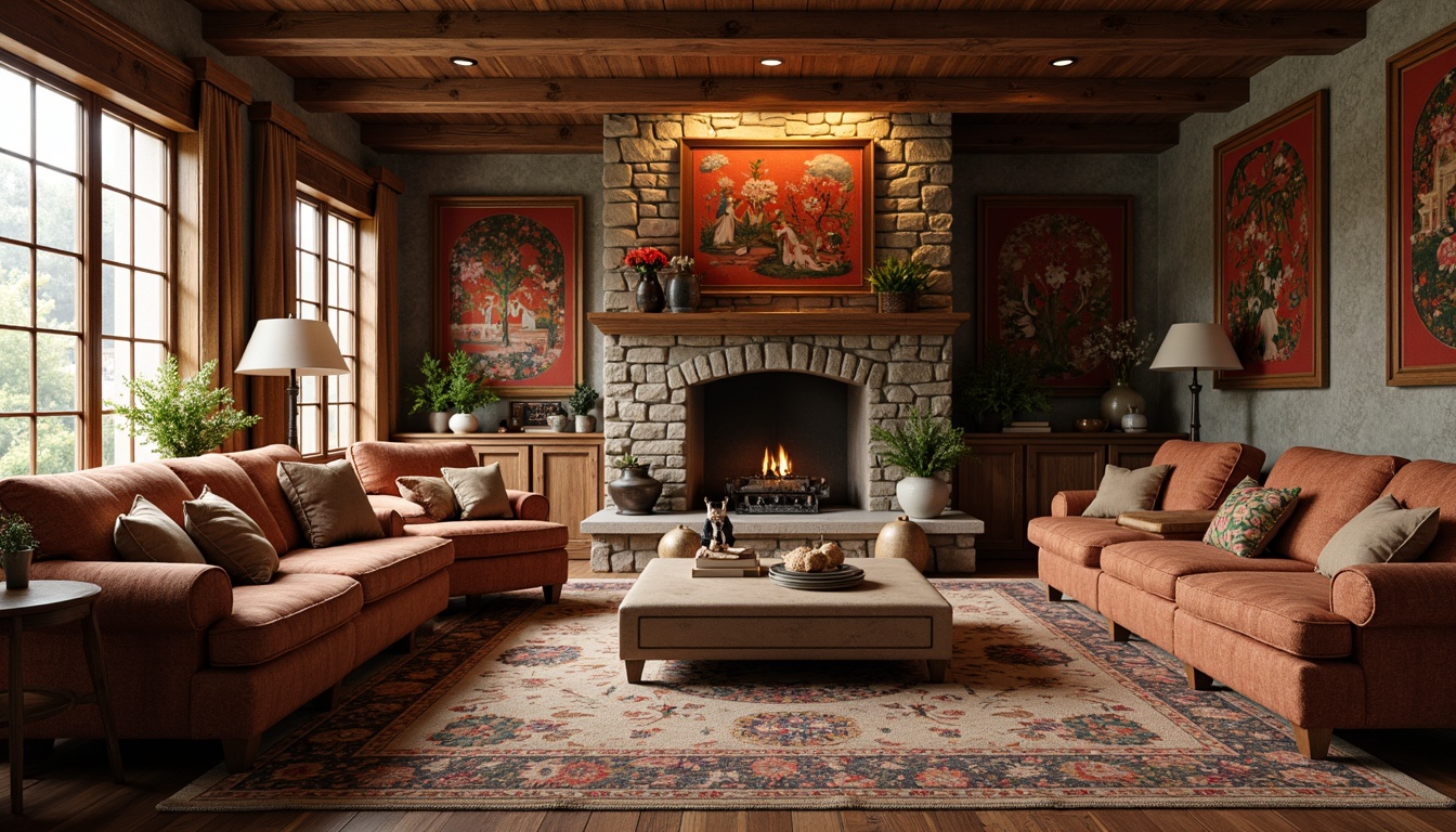 Prompt: Cozy community living room, warm traditional decor, plush armchairs, rich wood accents, ornate furniture carvings, vibrant colorful tapestries, rustic stone fireplace, soft warm lighting, comfortable seating areas, natural fiber rugs, earthy color palette, classic interior design elements, elegant window treatments, sophisticated textures, inviting ambiance, 1/1 composition, harmonious balance, realistic reflections.