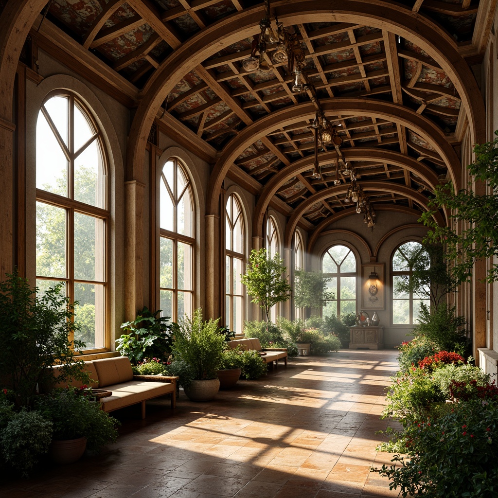 Prompt: Intricate wooden latticework, lush greenery, ornate metal fixtures, vintage glass windows, grandiose entranceways, curved lines, flamboyant Gothic arches, vibrant flower patterns, delicate ceramics, rich wood tones, warm golden lighting, shallow depth of field, 1/1 composition, realistic textures, ambient occlusion, misty morning atmosphere, soft natural light, English countryside setting.