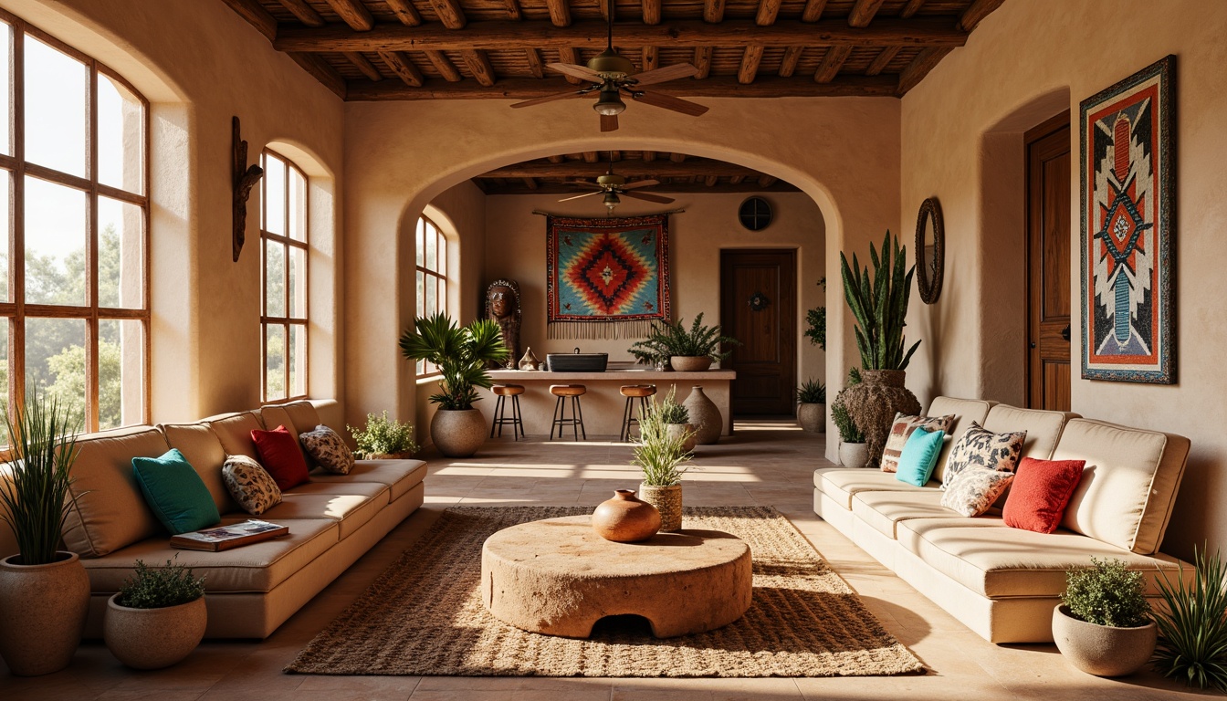 Prompt: Vibrant turquoise accents, earthy terracotta pottery, woven Navajo-inspired textiles, rustic wooden furniture, desert-inspired cacti decor, warm beige stucco walls, natural fiber rugs, colorful serape blankets, hand-carved wooden masks, geometric patterned tiles, Southwestern-style tapestries, vintage Native American artifacts, warm golden lighting, shallow depth of field, 1/1 composition, realistic textures, ambient occlusion.