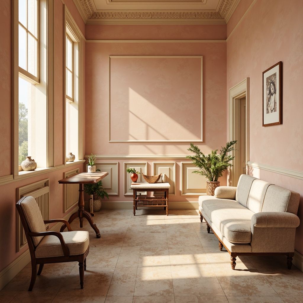 Prompt: Soft peach walls, distressed wood accents, vintage medical equipment, plush velvet furniture, natural linen fabrics, warm beige floors, elegant cream-colored columns, ornate metal details, delicate lace patterns, soft pastel hues, calming atmosphere, abundant natural light, subtle texture overlay, realistic render style, 1/1 composition, intimate close-up shots, gentle warm lighting.