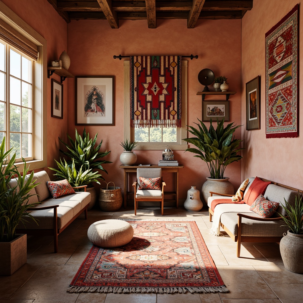 Prompt: Vibrant craft room, Southwestern-inspired decor, colorful woven textiles, geometric patterned rugs, plush throw pillows, rustic wooden furniture, earthy tone walls, natural stone flooring, abundant sunlight, warm cozy ambiance, softbox lighting, shallow depth of field, 3/4 composition, realistic textures, ambient occlusion.