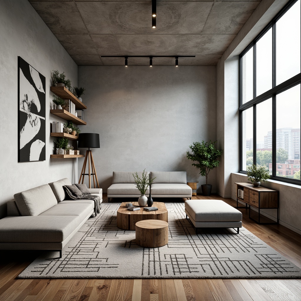 Prompt: Modern living room, sleek lines, minimalist decor, low-profile sofas, wooden coffee tables, geometric-patterned rugs, floor-to-ceiling windows, natural light, urban loft atmosphere, industrial-chic accents, metal legs, reclaimed wood shelves, abstract artwork, monochromatic color scheme, ambient lighting, cozy throw blankets, 3/4 composition, shallow depth of field.