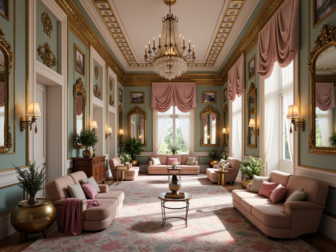 Prompt: Opulent Rococo interior, lavish furnishings, intricate carvings, gilded accents, soft velvet fabrics, ornate mirrors, delicate florals, pastel hues, muted golds, creamy whites, pale pinks, dusty blues, rich walnut woods, subtle texture overlays, warm candlelight, dramatic chandelier lighting, 1/2 composition, atmospheric perspective, high-contrast rendering.