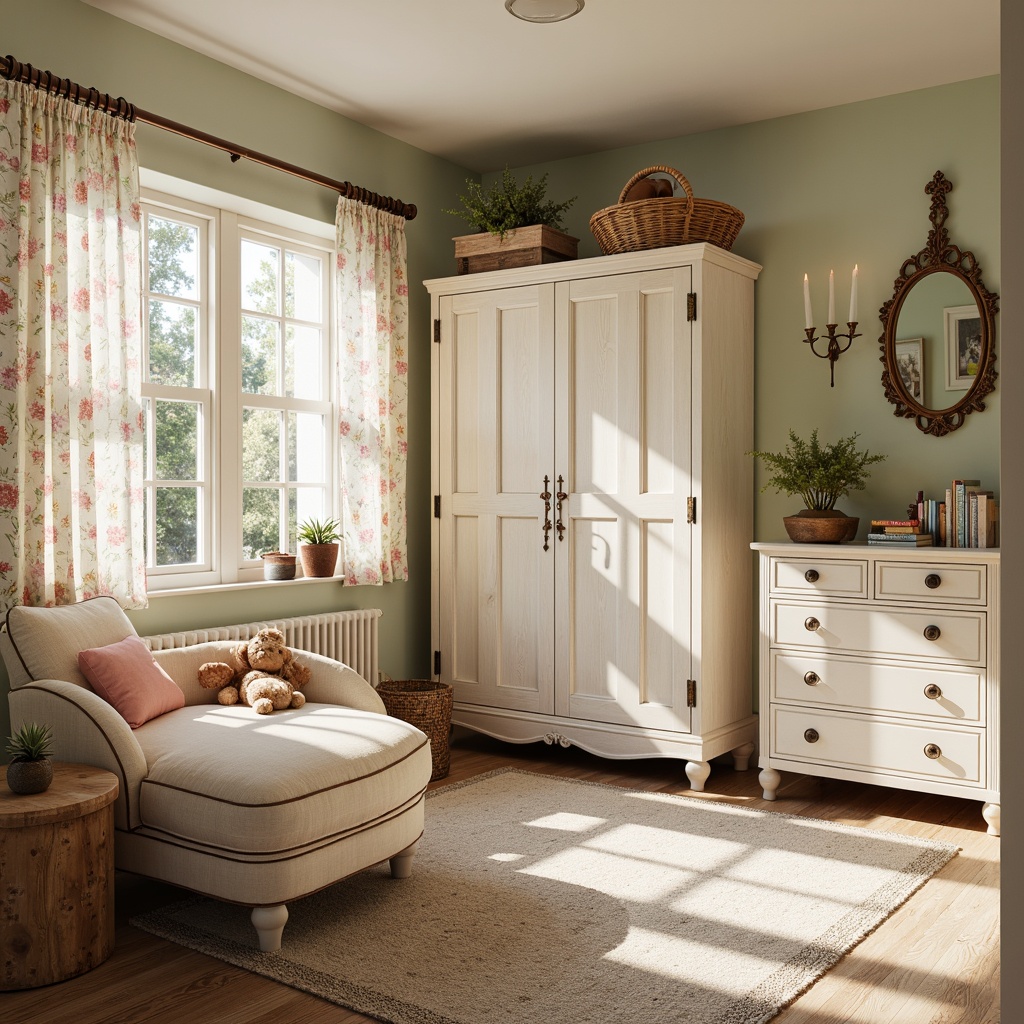 Prompt: Whimsical kid's room, distressed finishes, soft pastel colors, vintage furniture pieces, floral patterns, ruffled curtains, lace trimmings, antique hardware, white wooden furniture, rustic accents, natural textiles, plush area rugs, cozy reading nooks, warm golden lighting, 1/2 composition, shallow depth of field, realistic textures, ambient occlusion.