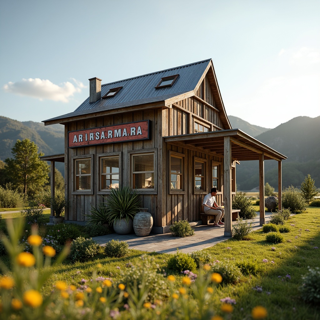 Prompt: Rustic bus station, farmhouse style, corrugated metal roofing, wooden accents, earthy tones, natural textures, reclaimed wood, vintage signage, rural landscape, rolling hills, green pastures, wildflowers, sunny afternoon, soft warm lighting, shallow depth of field, 1/1 composition, symmetrical architecture, pitched rooflines, clerestory windows, rustic wooden beams, metal roofing details, weathered steel finishes, organic forms, nature-inspired patterns.