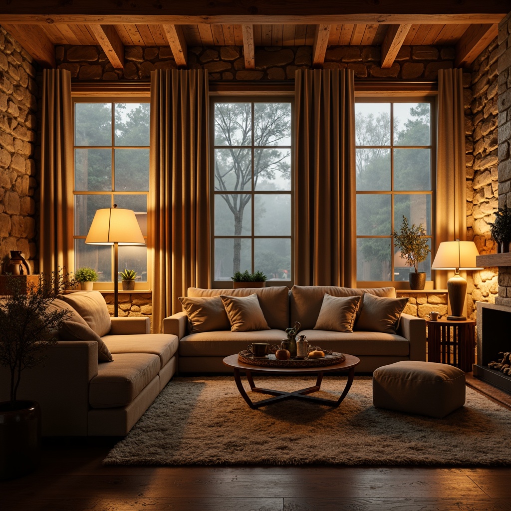 Prompt: Cozy living room, warm ambient lighting, soft glowing lamps, comfortable sofas, rustic wooden furniture, natural stone walls, earthy color palette, plush area rugs, floor-to-ceiling windows, sheer curtains, subtle shadows, atmospheric fog effect, 1/1 composition, realistic reflections, soft focus, intimate mood, warm beige tones, inviting textures.